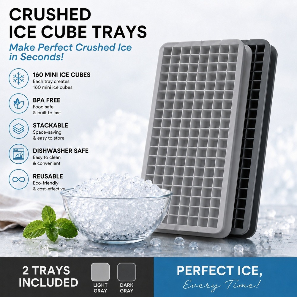 Gourmet Kitchen 2PC Crushed Ice Cube Trays Silicone Mini 160 Cubes Gray Set
